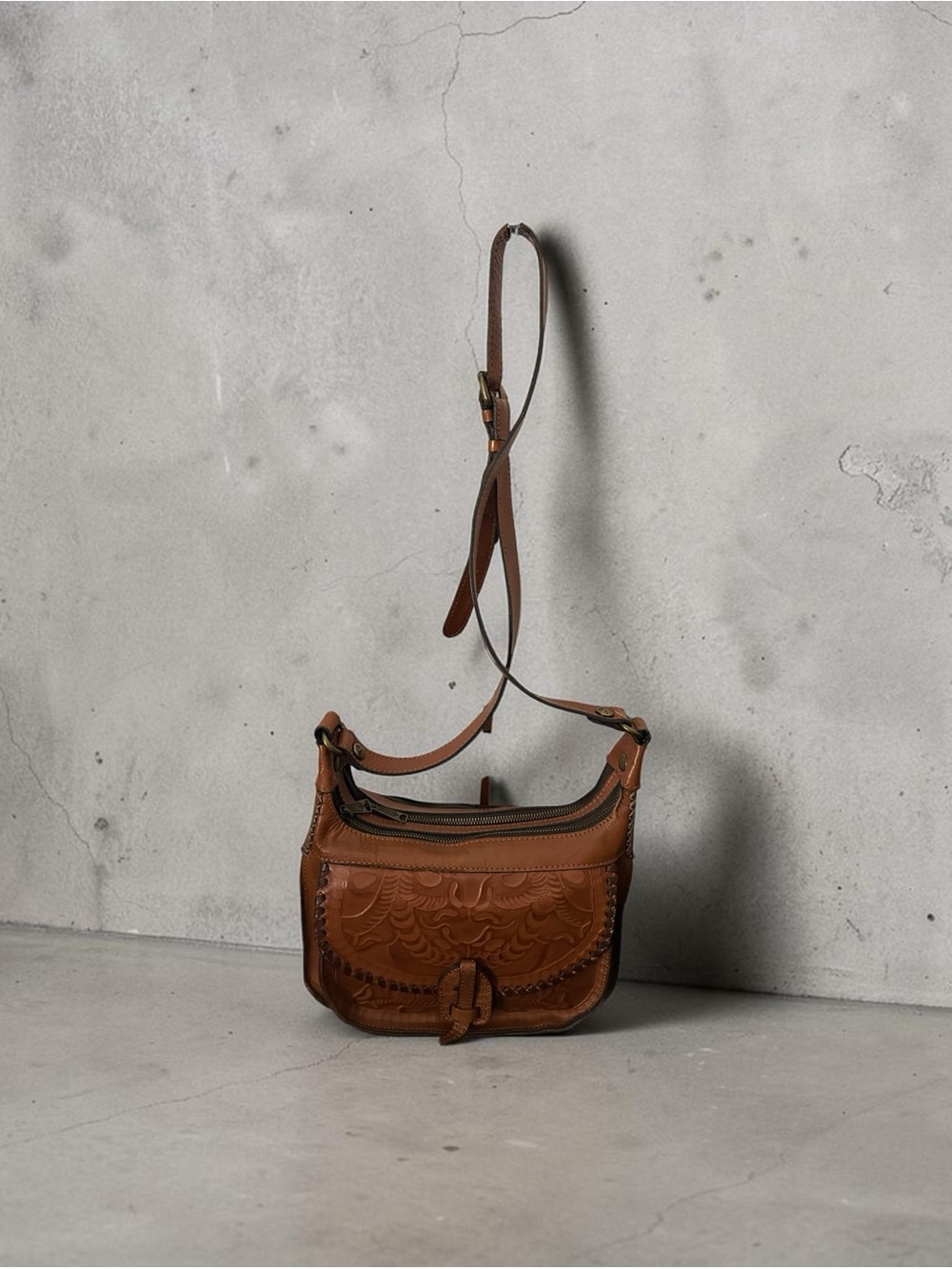 Patricia Nash Camila Tooled Leather Crossbody Hobo Bag Double Zip Brown